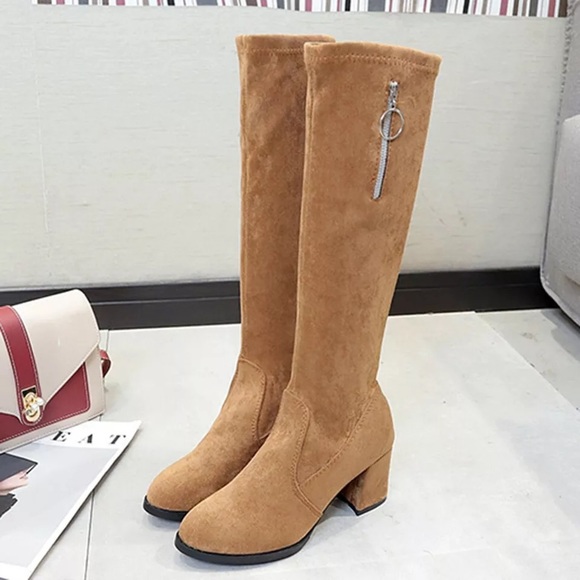 Flock Leather Over The Knee Zippered High Heels - Picture 2 of 3